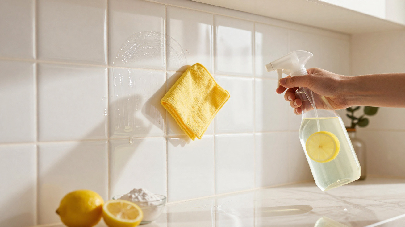 Hand spraying natural lemon cleaning solution on white kitchen tiles with a yellow cloth hanging nearby.