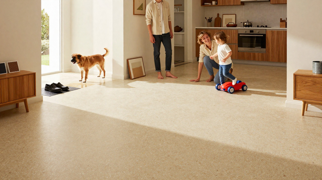 Family in a bright kitchen with a dog and child playing on a small ride-on toy car.