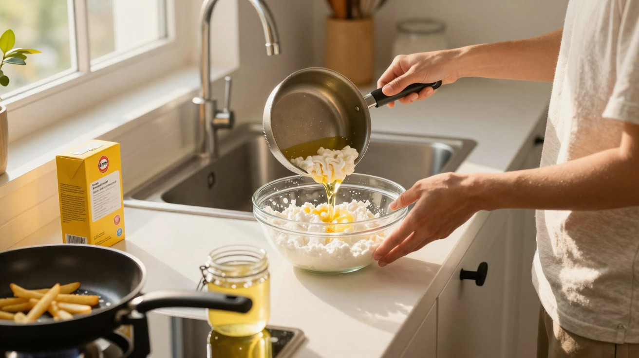 Person pouring liquid mixture from saucepan into bowl of whipped egg whites on kitchen counter.