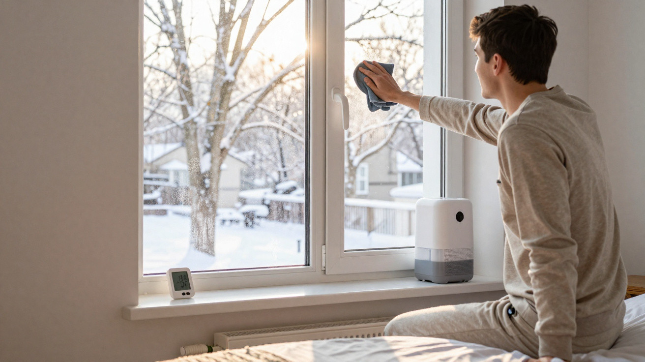 Young man cleaning a window inside a room with a snowy garden visible outside in winter.