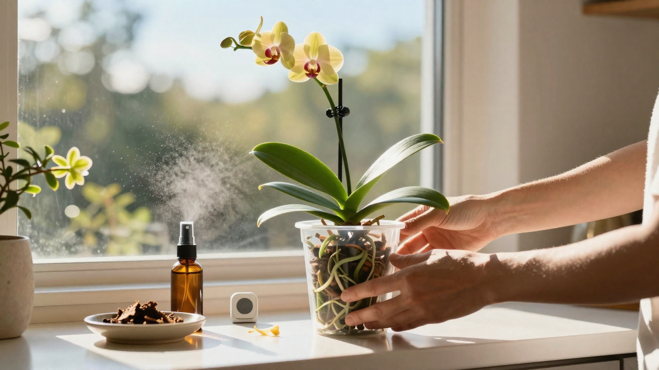 Hands tending a blooming orchid plant in a clear pot on a sunlit windowsill with a mist spray bottle nearby.