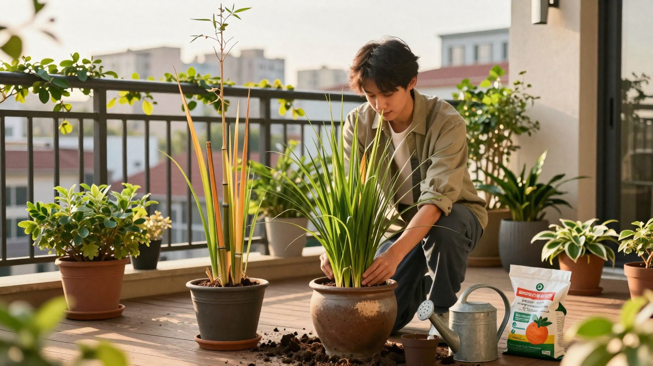 Person repotting a green plant on a balcony with various potted plants around and gardening tools nearby
