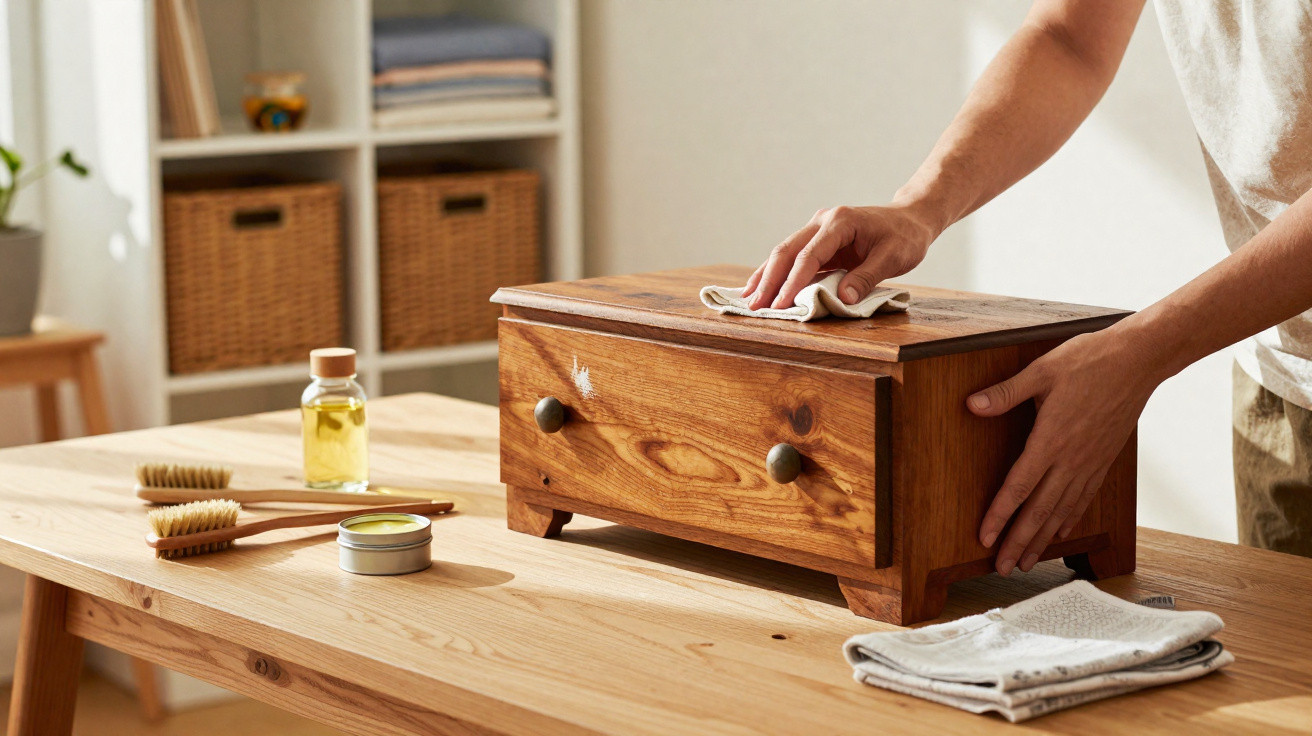 Person polishing a wooden jewellery box on a table with brushes, oil, and cloth nearby in a sunny room.