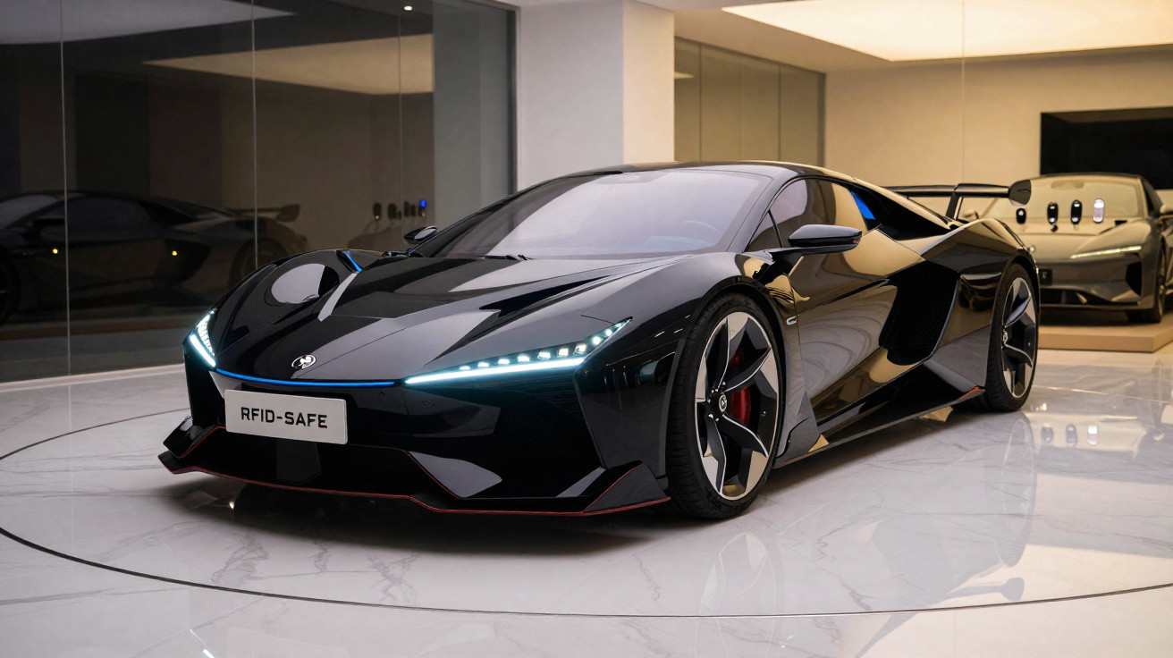 Black futuristic sports car with LED headlights in a modern showroom with reflective marble floor.