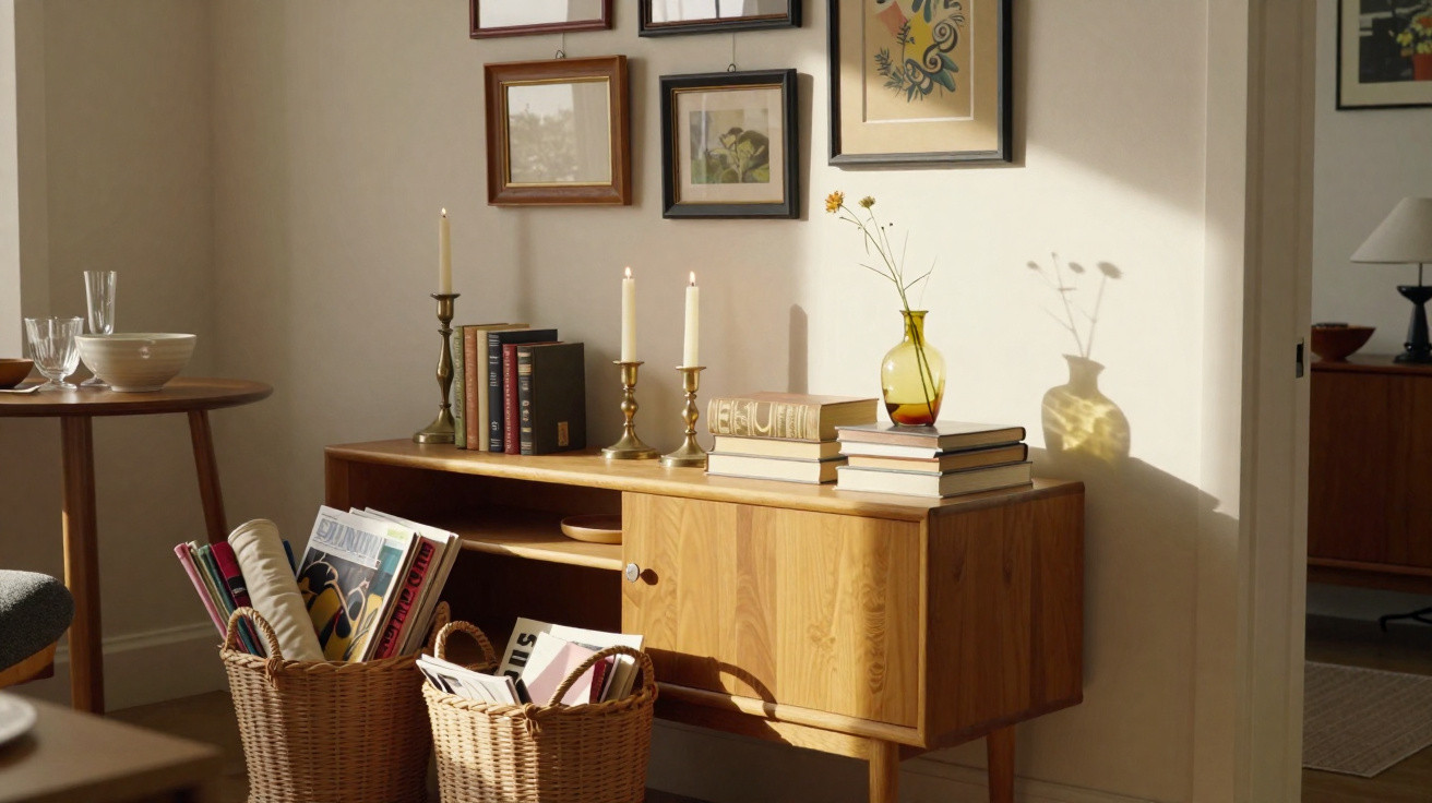Wooden sideboard with books, candles, and yellow vase casting shadows, next to wicker baskets filled with magazines.