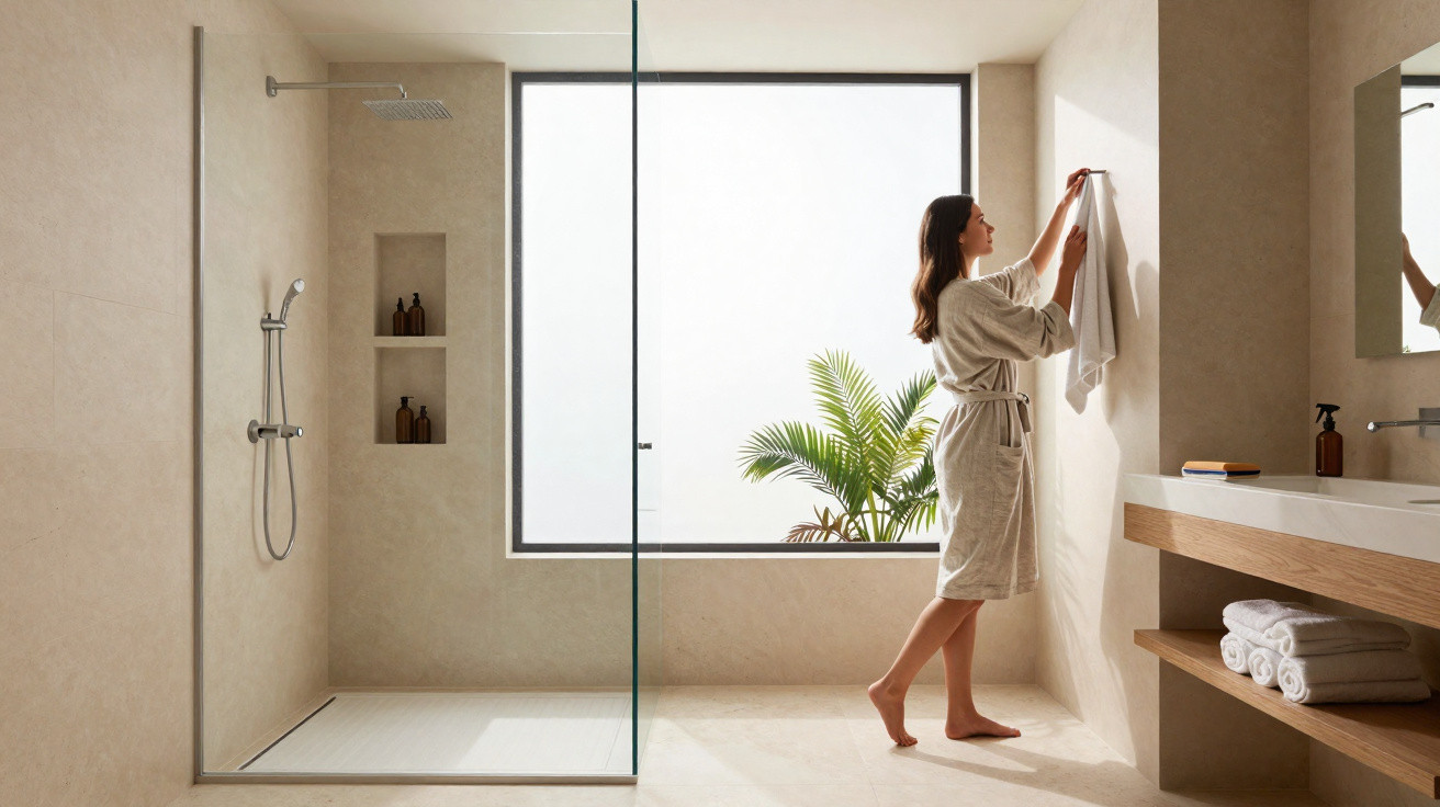 Woman in bathrobe hanging towel on wall in modern beige bathroom with walk-in shower and large window.