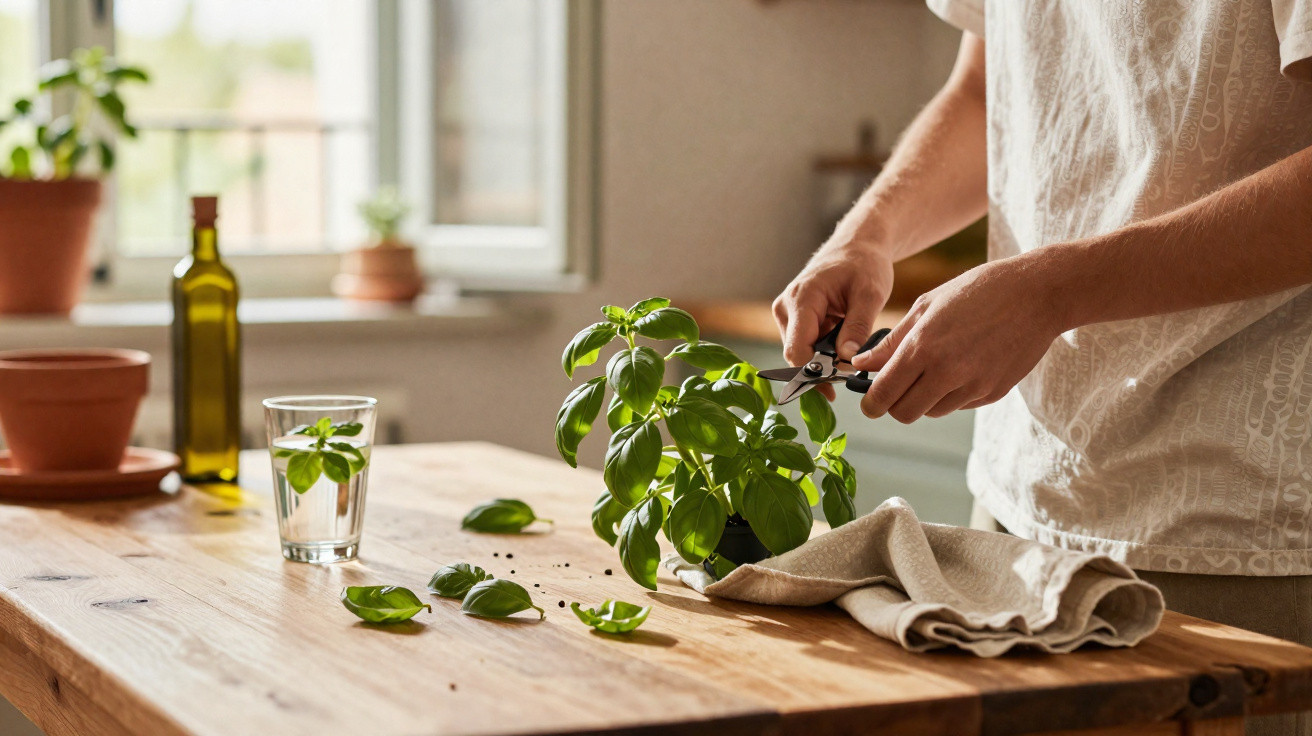 Person trimming fresh basil leaves from a potted plant on a wooden kitchen table near a window.