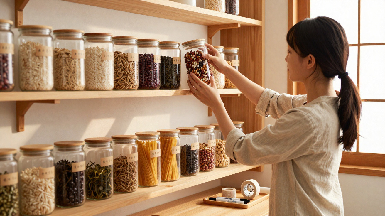Woman organising assorted dry goods in labelled glass jars on wooden shelves by a window.