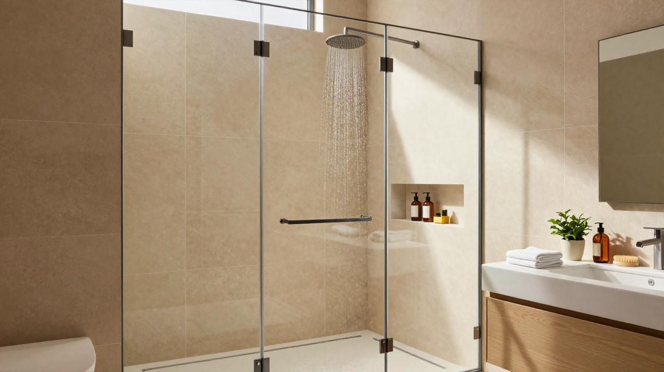 Modern bathroom with glass shower enclosure, rainfall showerhead, beige tiles, and wooden vanity with plant and toiletries.