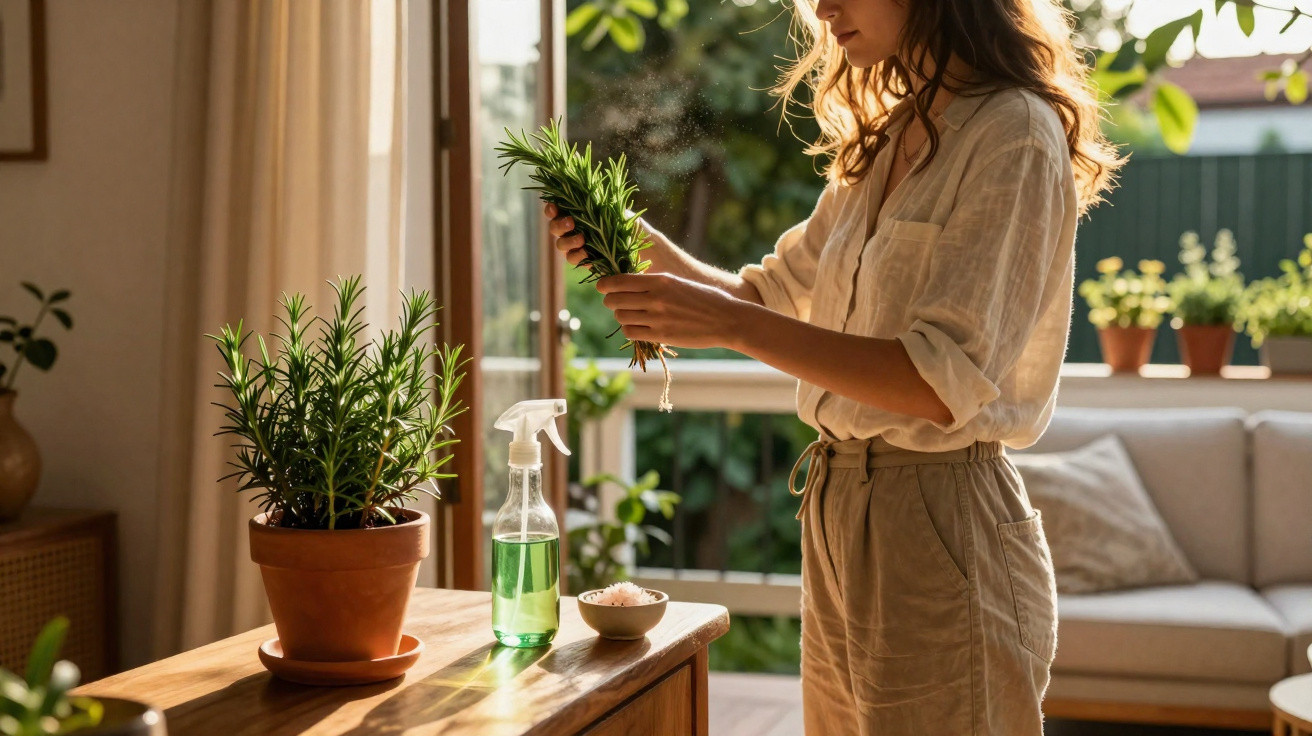 Woman tending to a potted plant on a wooden table with a spray bottle in a sunlit living room.