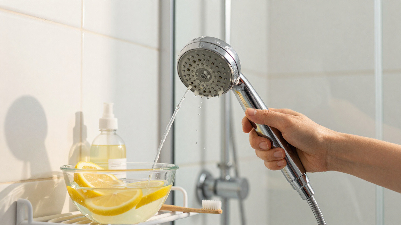 Hand holding a showerhead pouring water into a glass bowl filled with lemon slices in a bathroom.