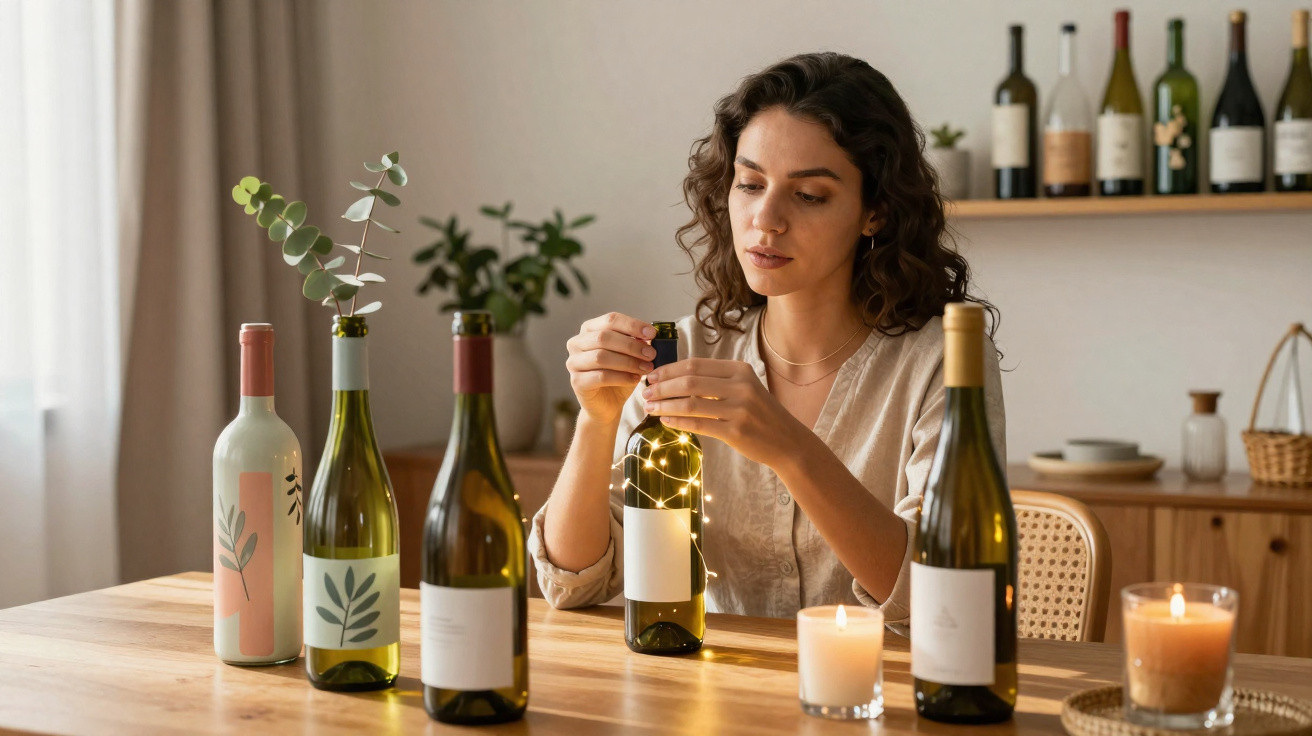 Woman decorating empty wine bottles with fairy lights on a wooden table with candles and plants nearby.