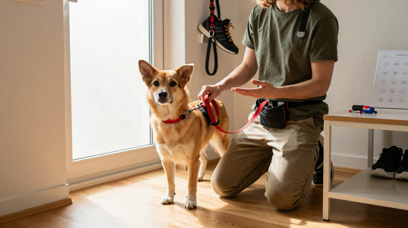 Person kneeling indoors holding a tan dog wearing a red collar and leash near a window.