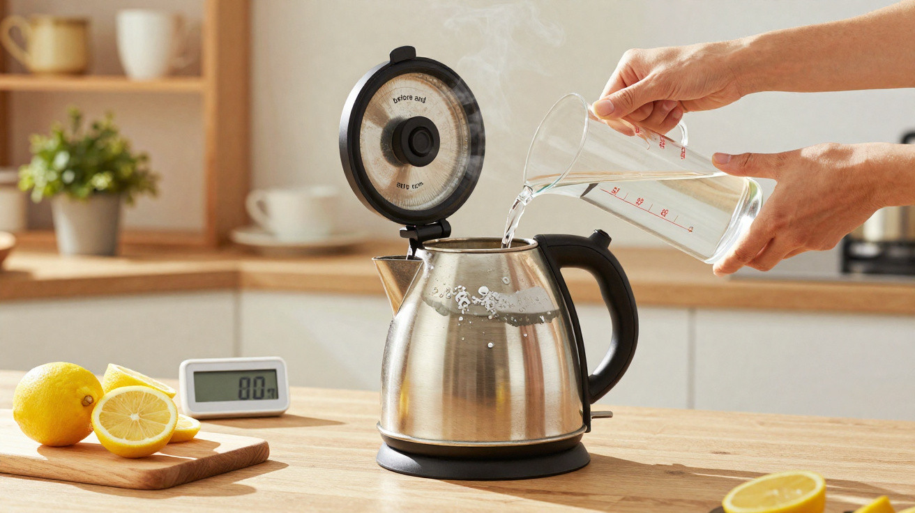 Person pouring water into an open electric kettle on a wooden kitchen countertop with lemons and a timer nearby.