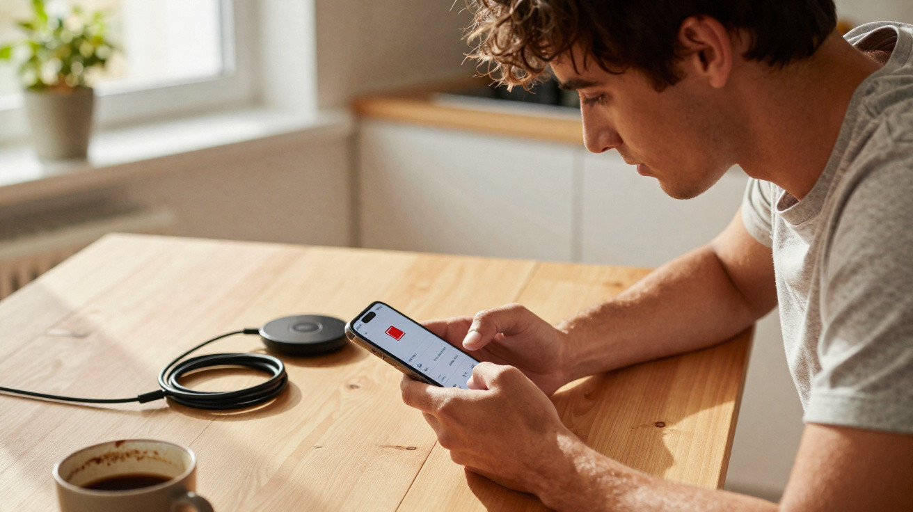 Young man checking low battery alert on smartphone while sitting at wooden table with coffee cup nearby
