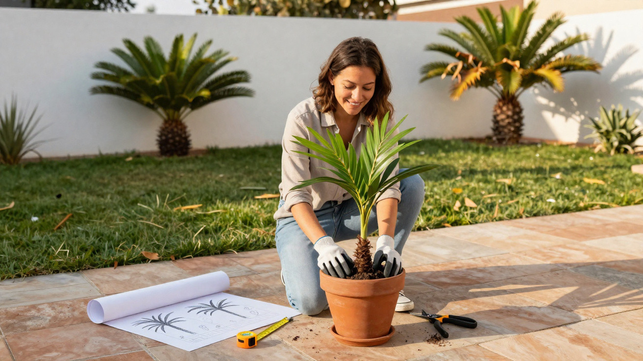 Woman kneeling on a patio planting a small palm tree in a terracotta pot with gardening gloves on.