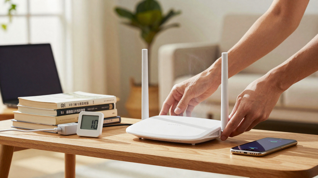 Hands adjusting a white Wi-Fi router with two antennas on a wooden table with books, a timer, and a smartphone nearby.