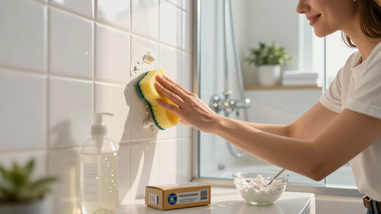 Woman cleaning bathroom tiles with a sponge and soap, with cleaning supplies on the counter nearby.