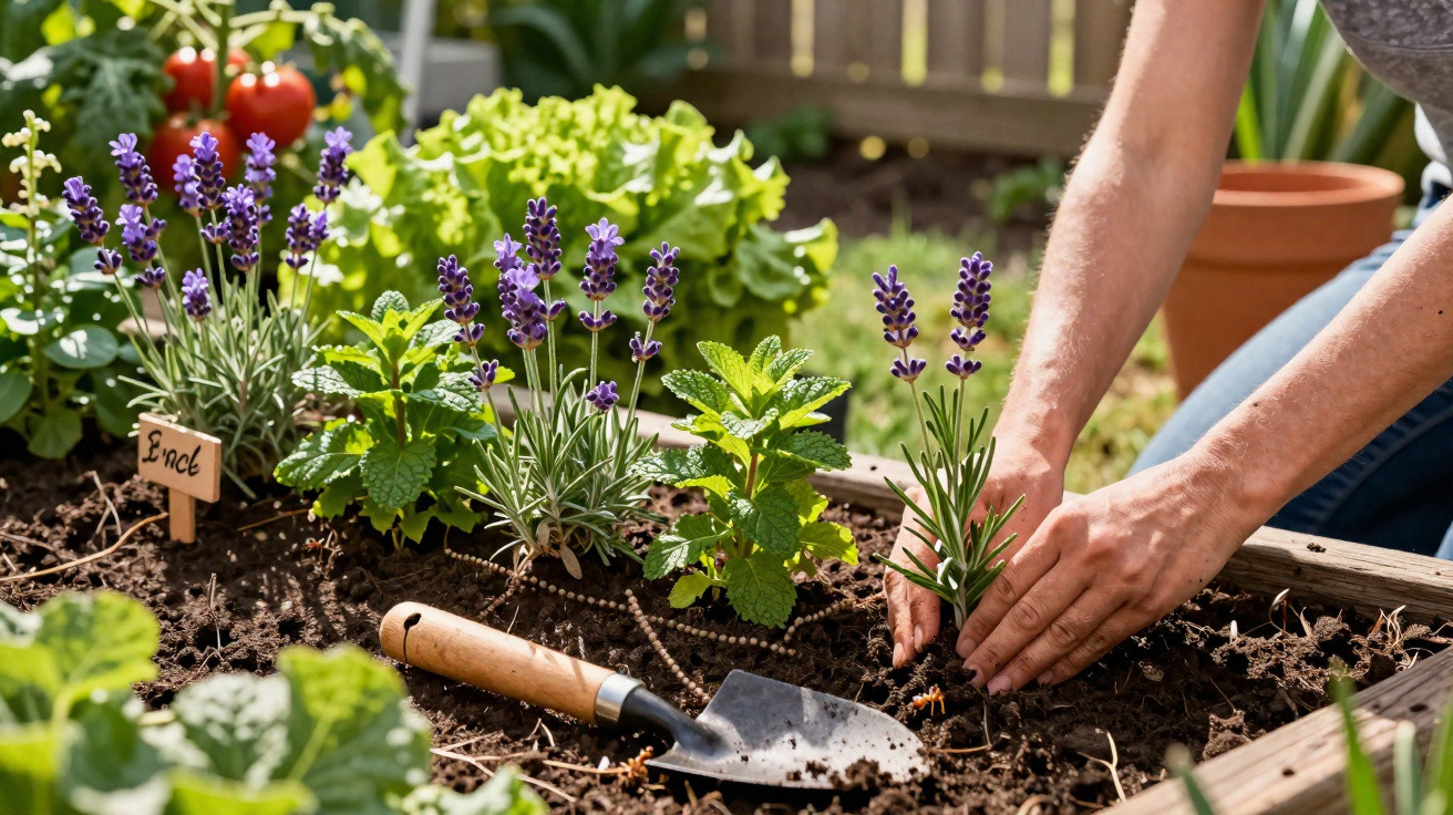 Hands planting lavender in a raised garden bed with a small trowel and green leafy plants in sunlight.