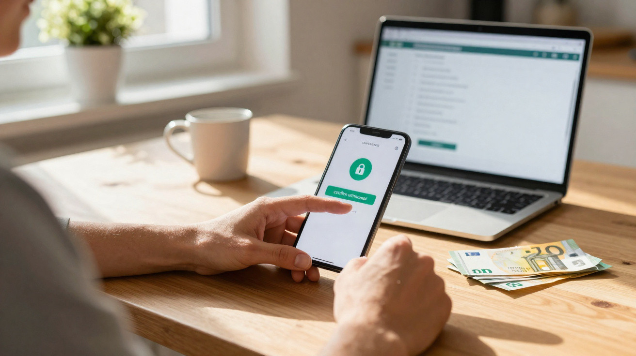 Person using smartphone with security app open beside laptop and euro banknotes on a wooden table.