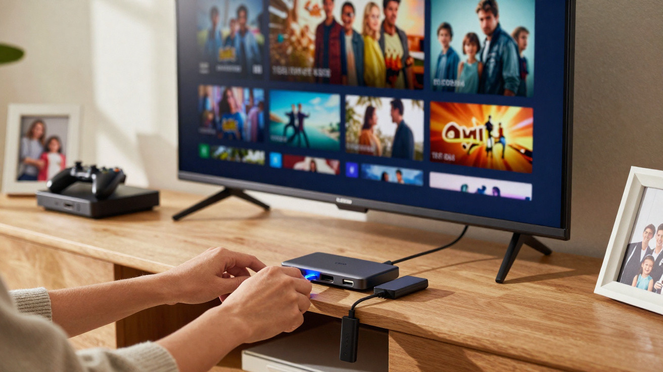 Person connecting a device to a smart TV with streaming app thumbnails on screen in a living room setting.