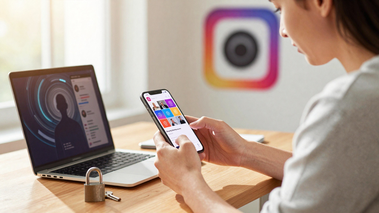 Person using a smartphone and laptop with security icons, padlock, and Instagram logo in a bright room.