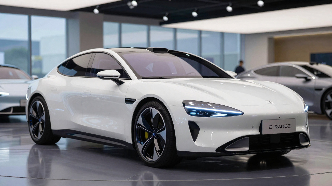 Sleek white electric sports car with illuminated headlights on display in a modern showroom.