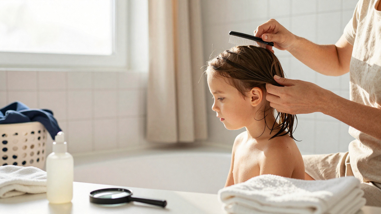 Adult combing wet hair of a toddler sitting in a bathroom near a bathtub and folded towels.