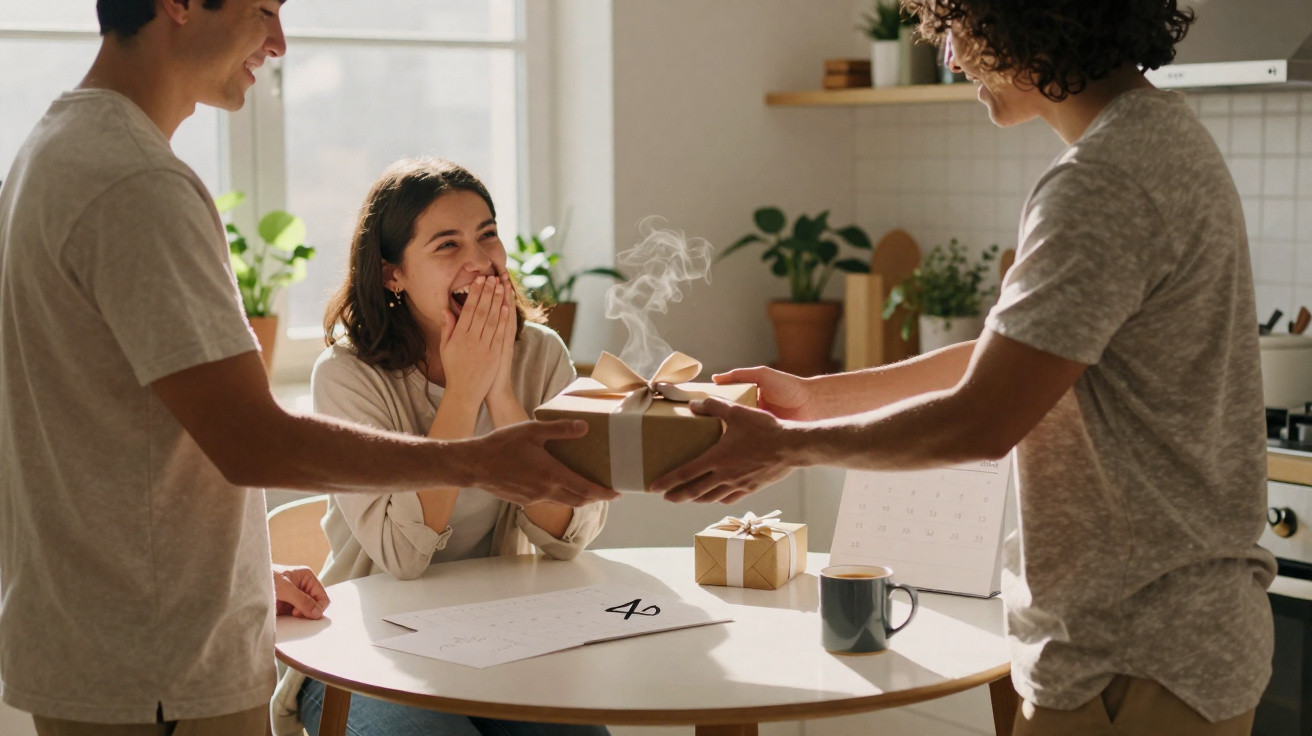 Three friends exchanging wrapped gifts with a woman surprised and happy at a kitchen table.