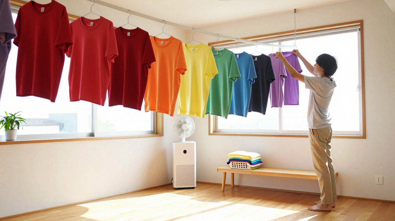 Person hanging colourful T-shirts on hangers drying indoors in a bright room with large windows.