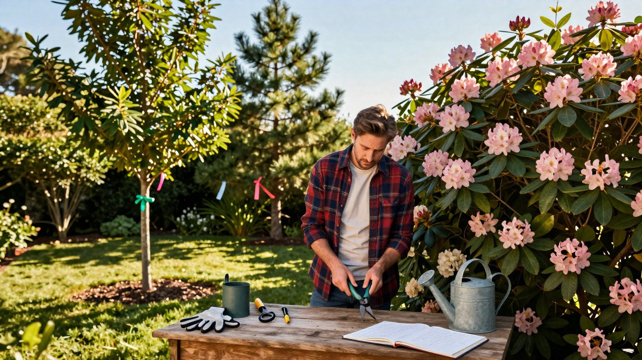Man trimming plants with gardening tools at wooden table beside flowering rhododendron bush in sunny garden.