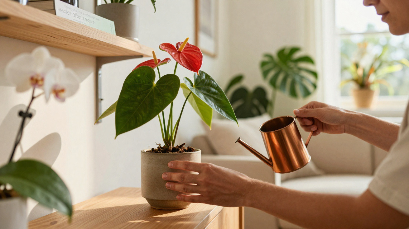 Person watering an anthurium plant on a wooden surface in a sunlit living room.
