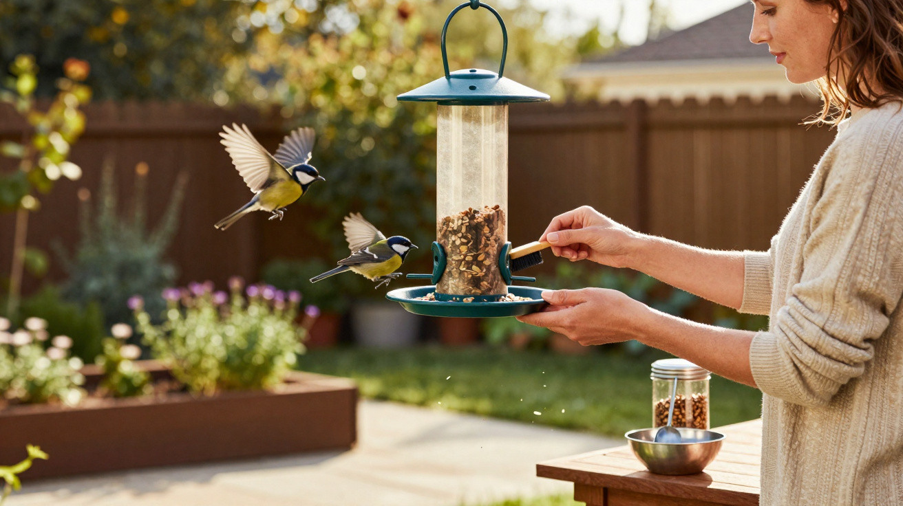 Woman refilling a bird feeder with nuts as two birds fly nearby in a sunny garden.