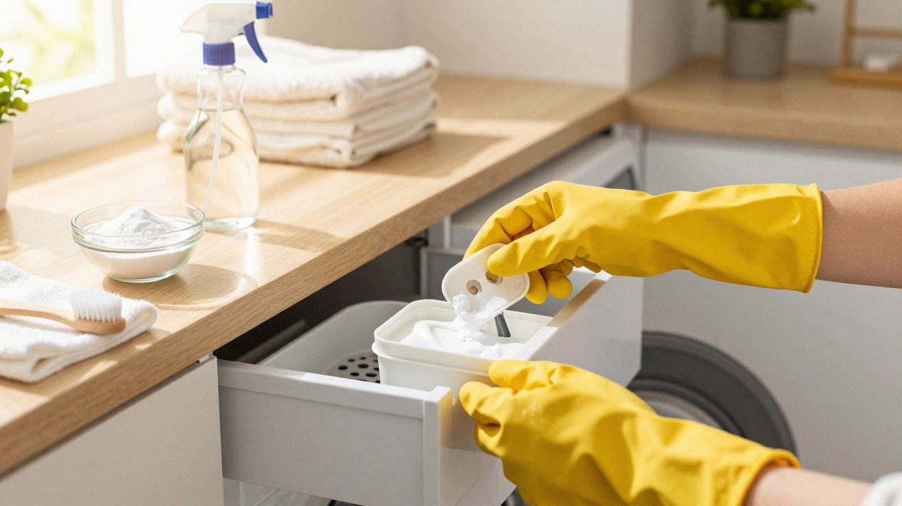 Person in yellow gloves adding laundry detergent to a washing machine drawer in a bright laundry room.