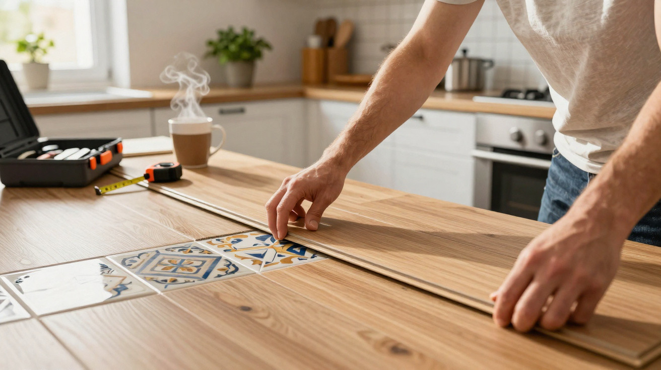 Person installing patterned ceramic tiles on a wooden kitchen countertop with tools and a steaming cup nearby.