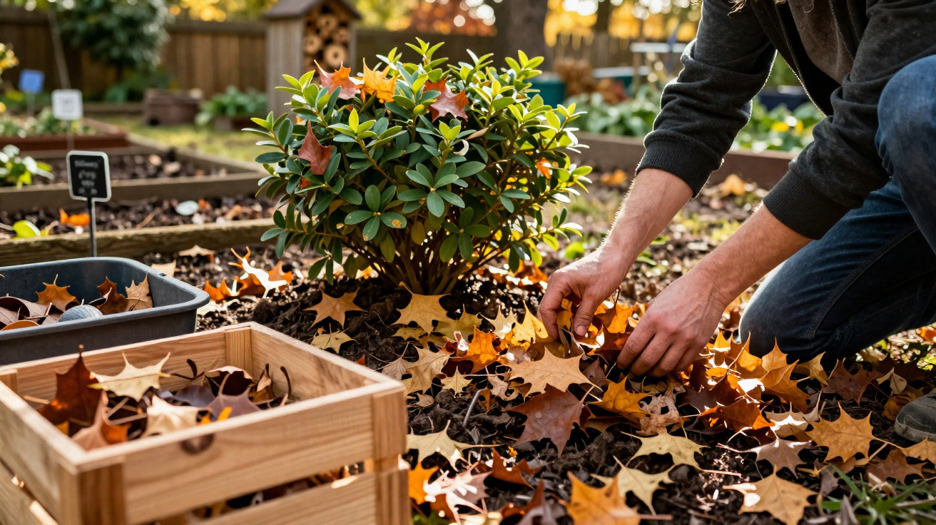 Person collecting autumn leaves from soil near a green shrub in a garden on a sunny day.