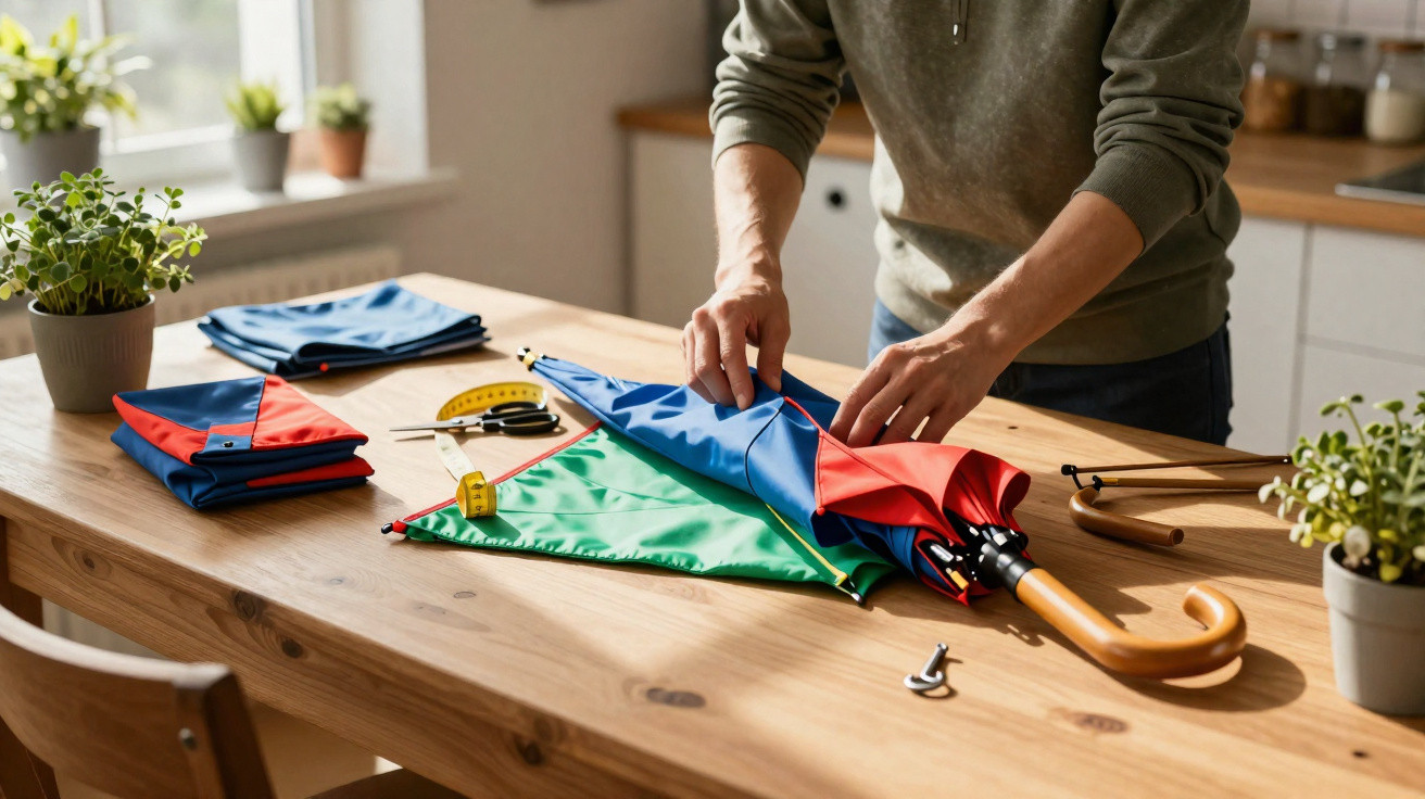 Person folding a colourful blue, red, and green umbrella on a wooden table in a bright room.