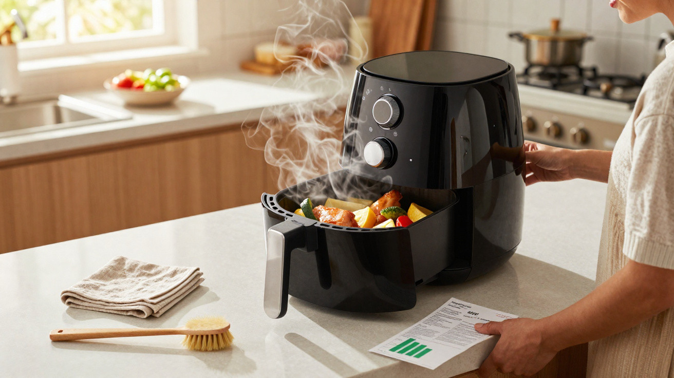 Black air fryer releasing steam with cooked vegetables and chicken inside on kitchen counter.