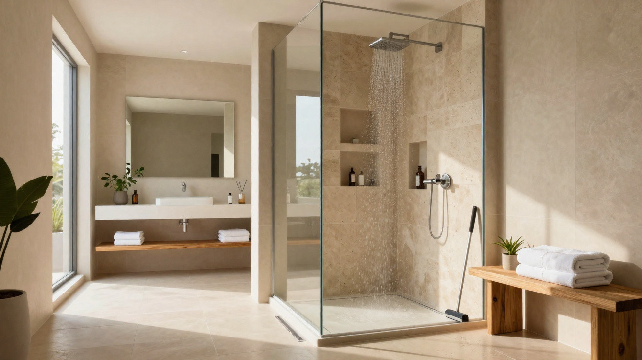 Modern beige bathroom with glass shower, wooden bench, large mirror, and potted plants by a window.