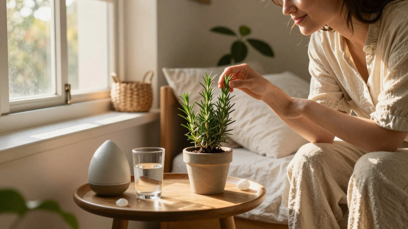 Woman tending to a potted rosemary plant on a wooden table in a sunlit living room.