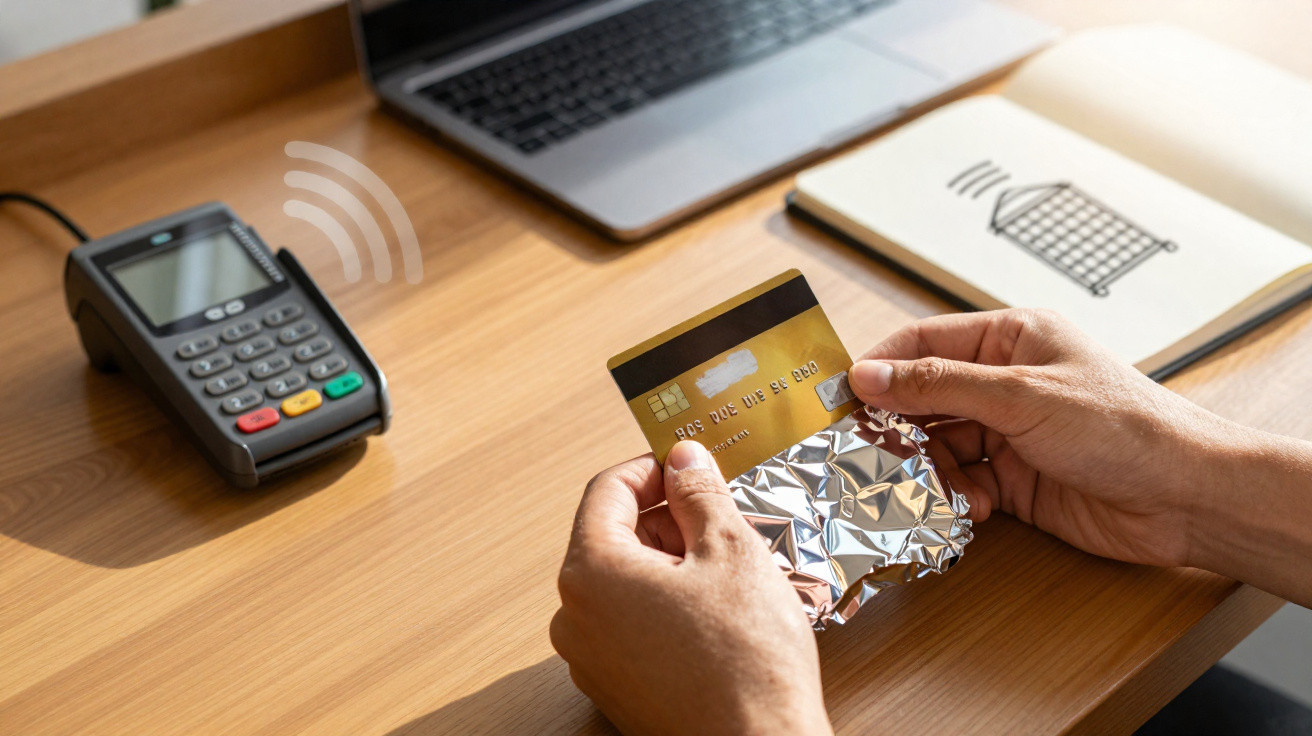Person holding a credit card wrapped in foil near a contactless payment terminal and laptop on a wooden desk.