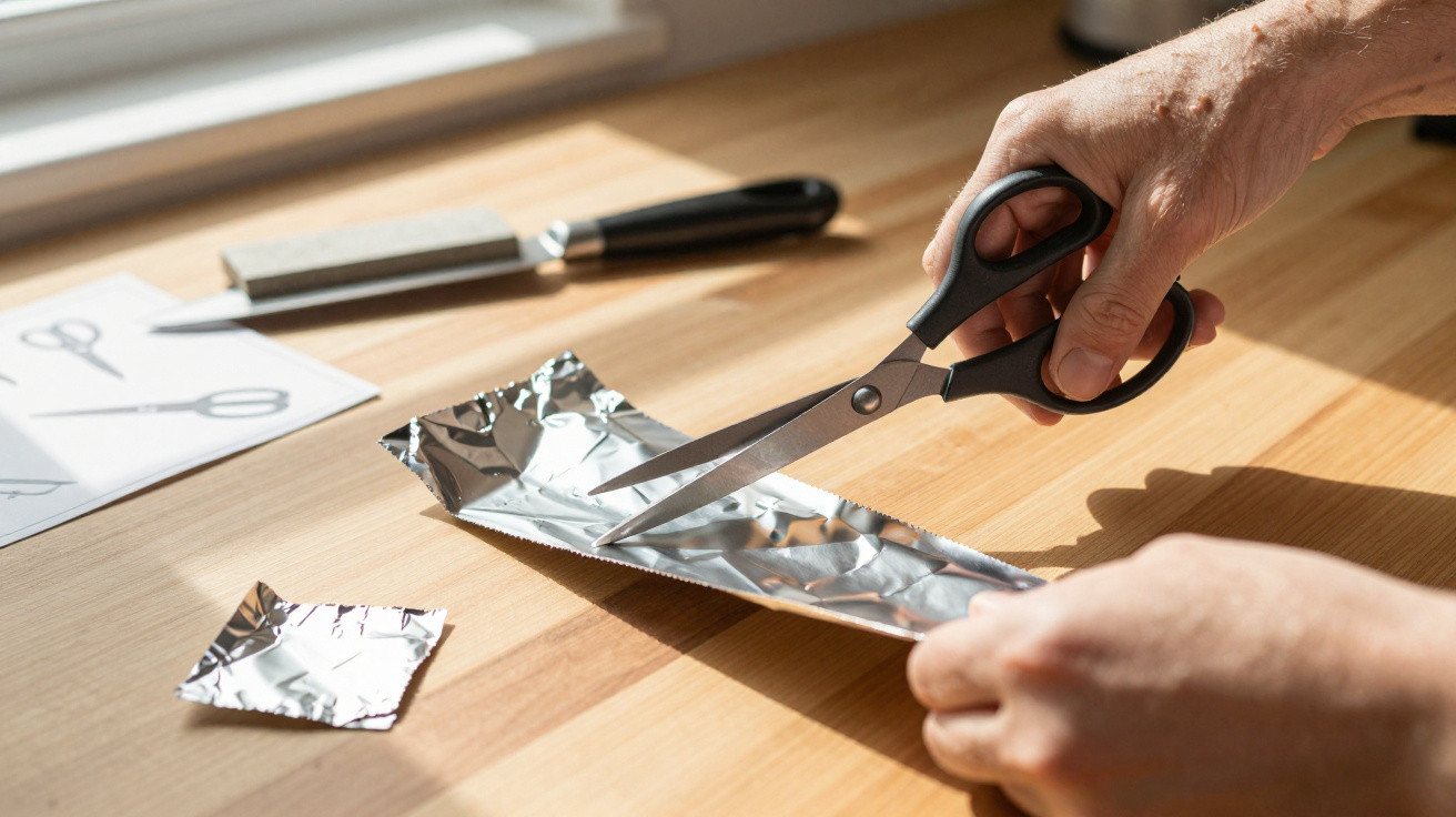 Hands cutting aluminium foil with scissors on a wooden surface bathed in natural light.