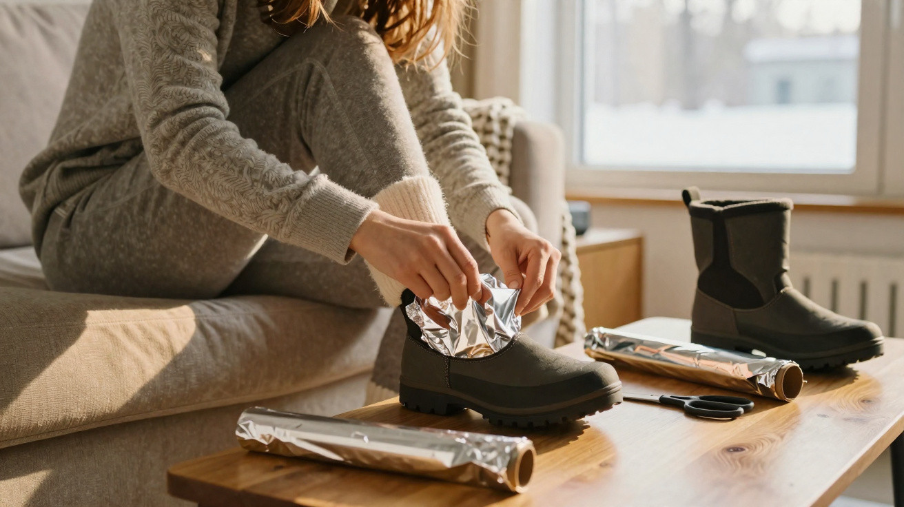 Person placing foil insoles into black boots on a wooden table in a sunlit living room.