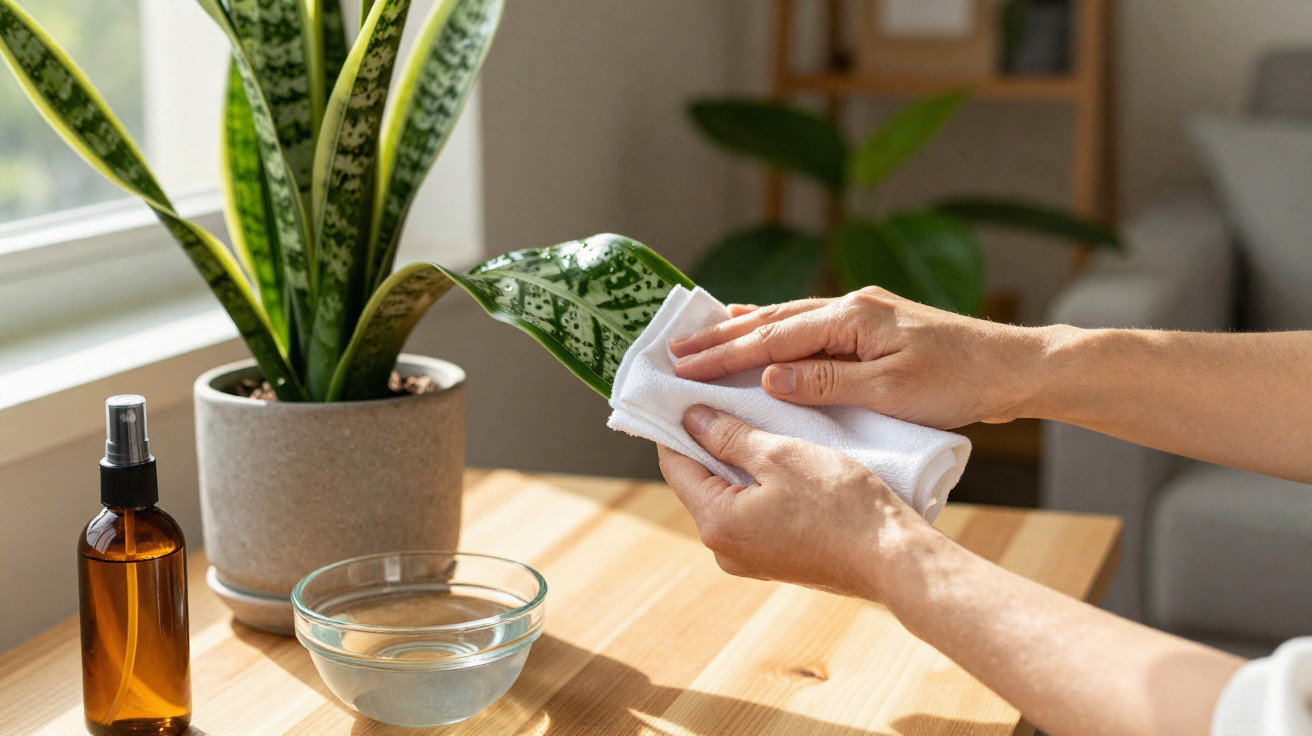 Person wiping a green potted plant leaf with a white cloth on a wooden table by a window.