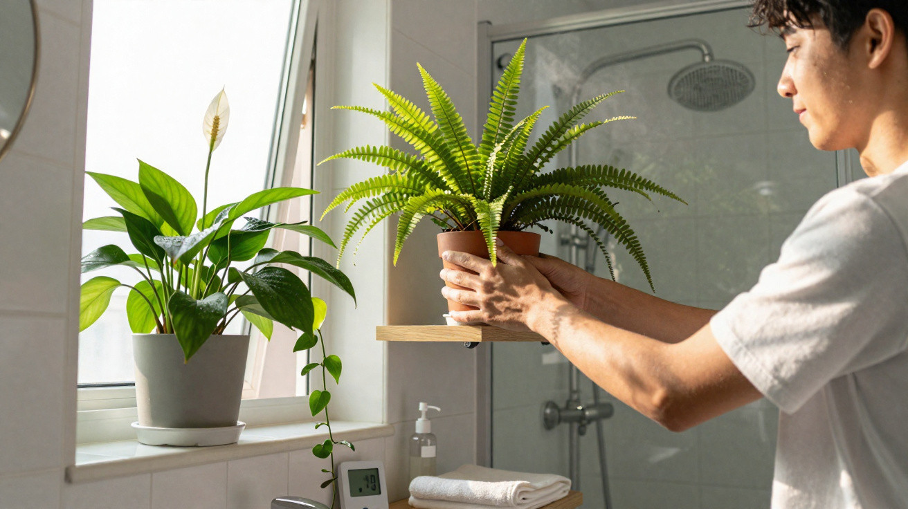 Person placing a potted fern on a wooden shelf in a bright bathroom with plants by the window.