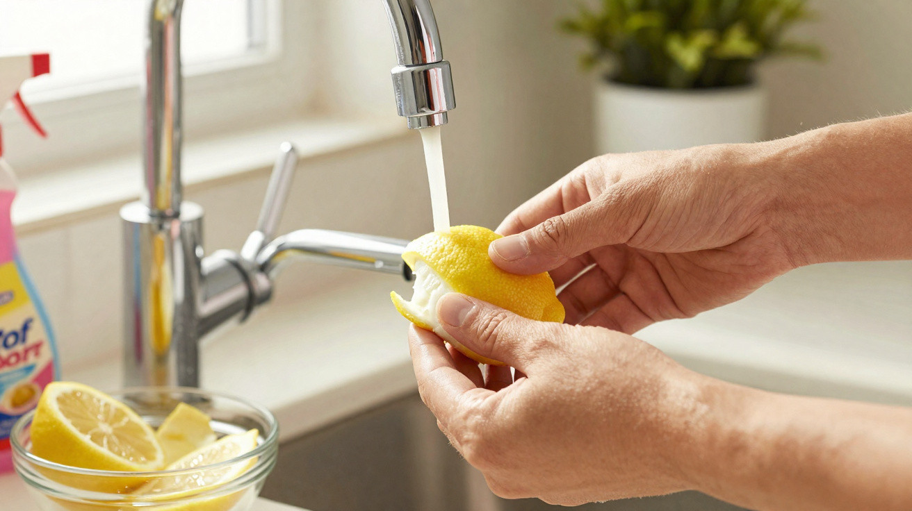 Hands rinsing a lemon half under running water over a kitchen sink with a bowl of lemons nearby.