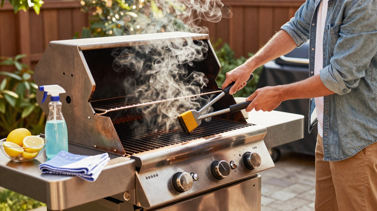 Person cleaning a smoking barbecue grill outdoors using a brush and tongs on a sunny day.