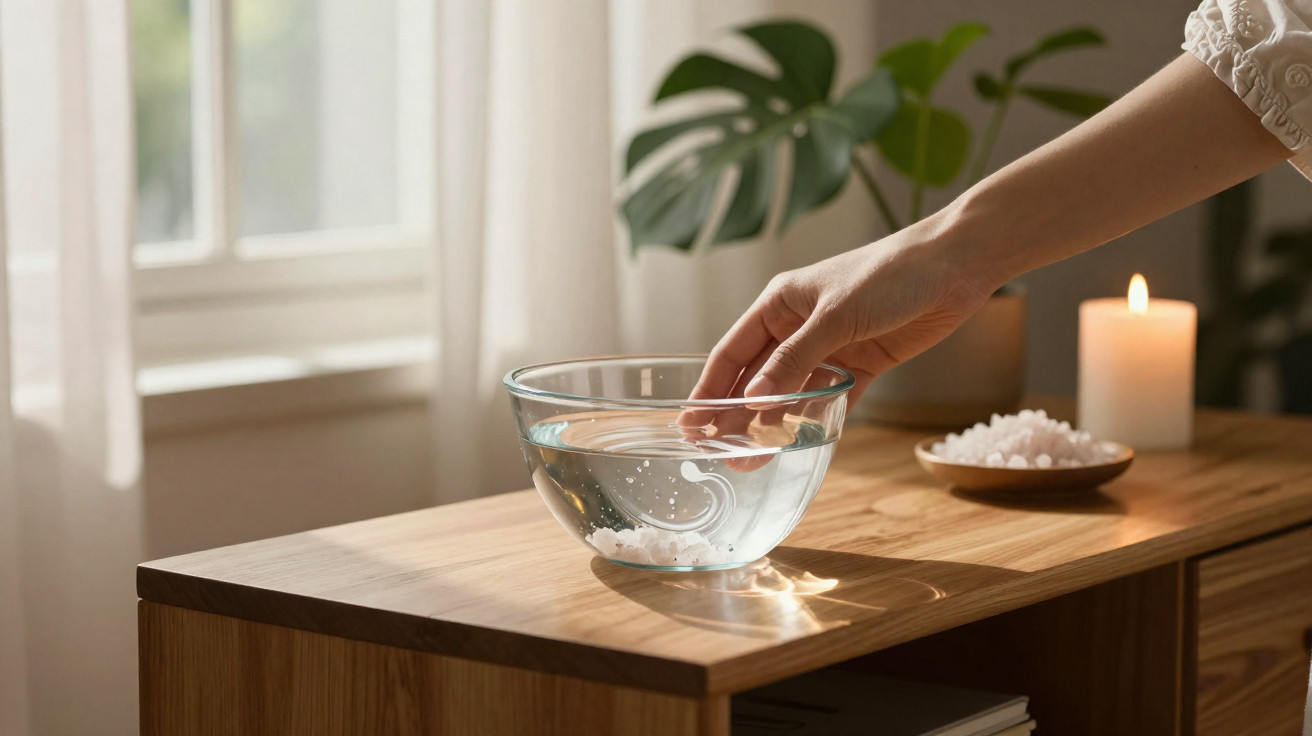 Hand dipping fingers into a glass bowl of water on a wooden table with a candle and bowl of bath salts nearby.