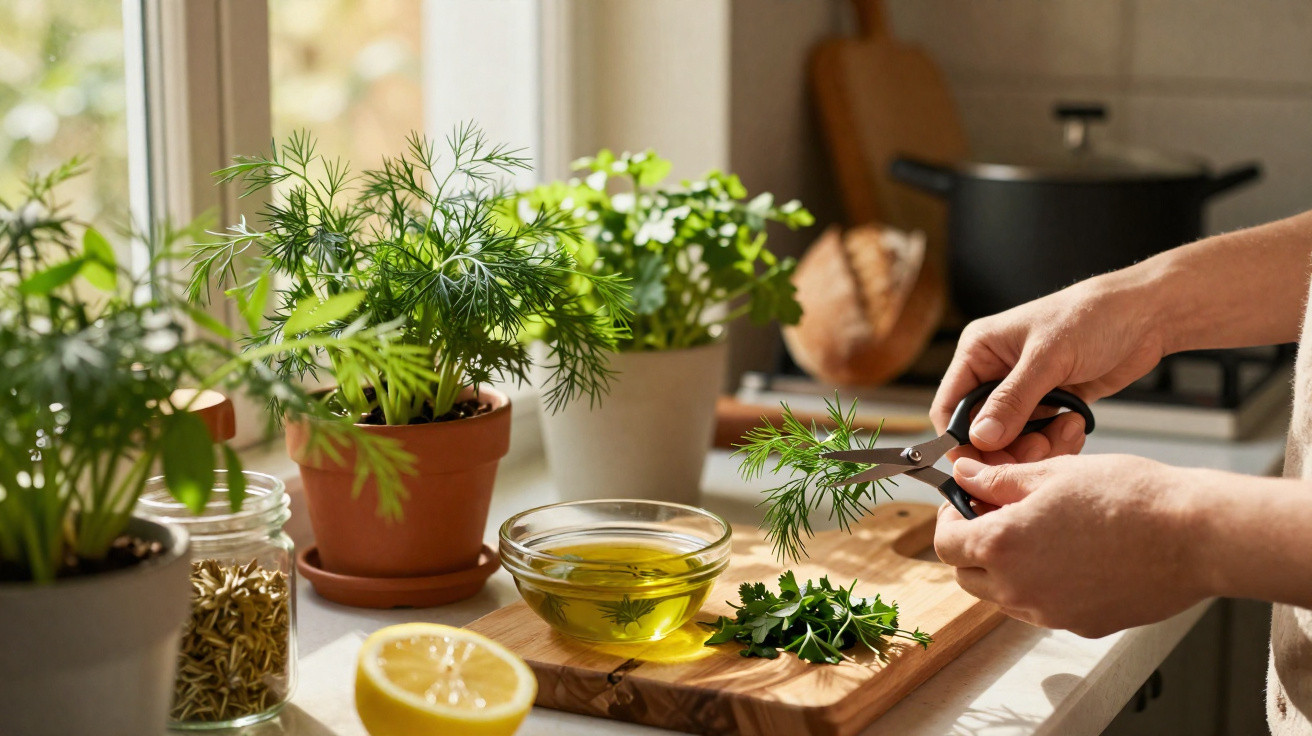 Hands snipping fresh herbs over a chopping board with lemon, oil, and potted plants by a kitchen window.