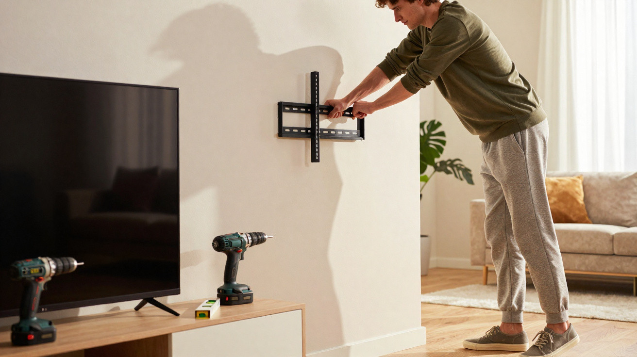 Man installing TV wall mount bracket in a bright living room with tools and a large TV nearby.